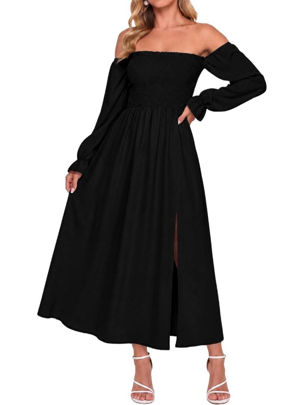Women's Black Off Shoulder Long Sleeve Boho Flowy Wedding Guest Maxi Dresses